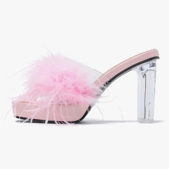 Amazon square toe platform chunky heel mule sandals with pink feather detail - Picture 2 of 7